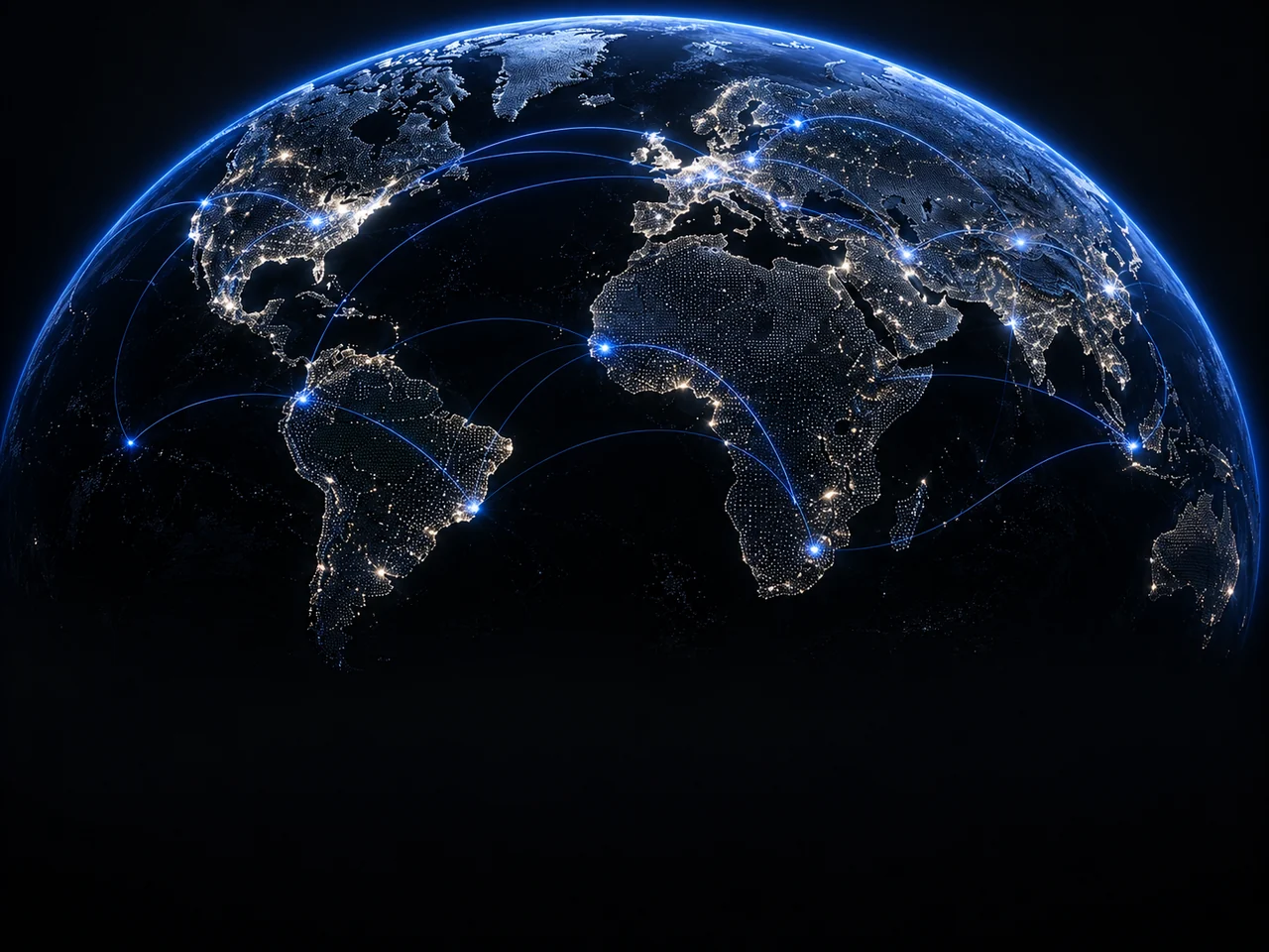 Dark globe with glowing network routes