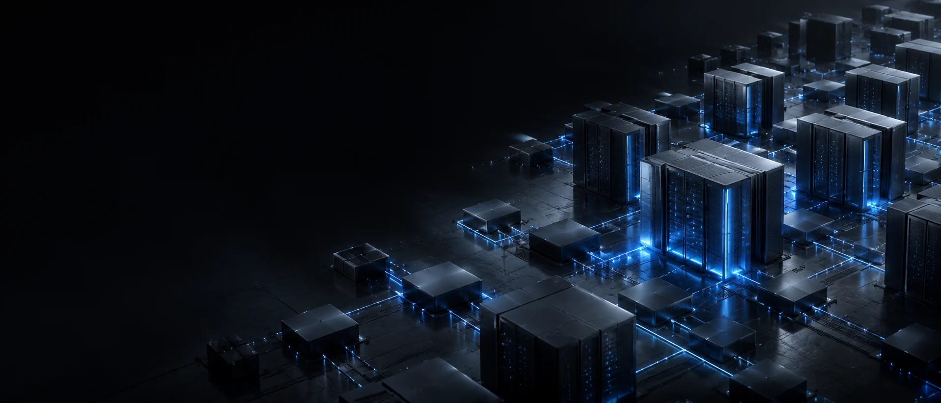 Isometric render of glowing server infrastructure