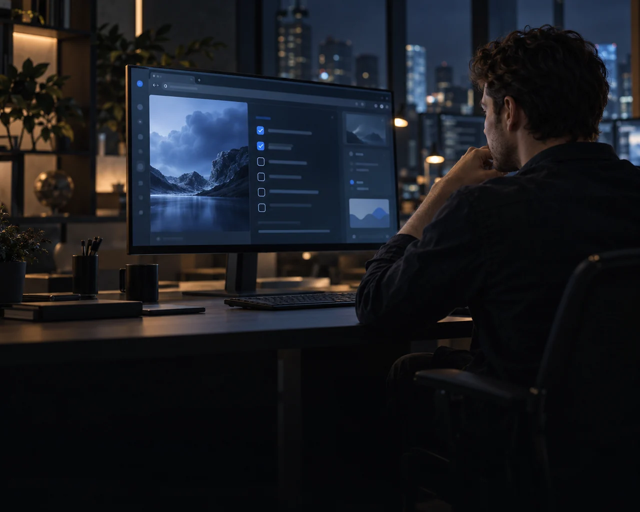 Engineer reviewing AI agent runs on a monitor at night
