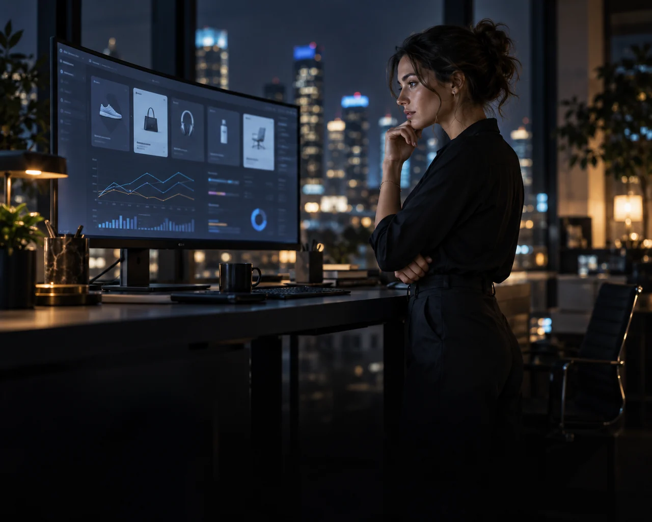 Pricing analyst looking at a large monitor with charts
