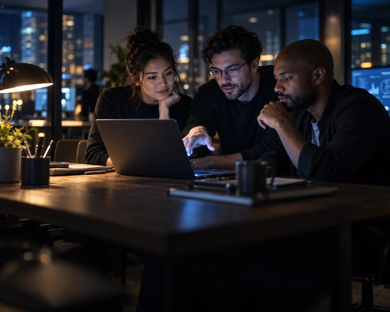 Growth team collaborating around a laptop
